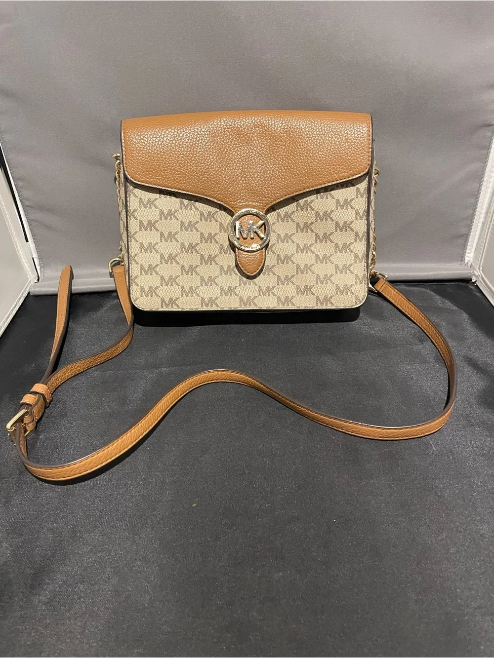 Michael Kors Brown/White Logo Crossbody Bag, Snap Closure, Gold Hardware